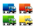 Set of 4 vector small trucks of different colors. Cargo delivery. Lorry set in flat cartoon style. Image for children, for Royalty Free Stock Photo