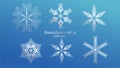 Set of vector Snowflakes Christmas design with blue ice luxury color on blue background. Winter white snow flake crystal element. Royalty Free Stock Photo