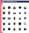 Set of 25 Vector Solid Glyph on 4th July USA Independence Day such as landmark; building; drum; arch; ball