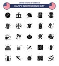 Set of 25 Vector Solid Glyph on 4th July USA Independence Day such as magic hat; cap; animal; american; declaration of Royalty Free Stock Photo