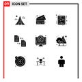 Set of 9 Vector Solid Glyphs on Grid for basket, page, card, file, archive