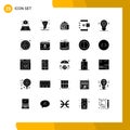 Set of 25 Vector Solid Glyphs on Grid for bulb, develop, cream, coding, app