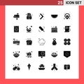 Set of 25 Vector Solid Glyphs on Grid for map, city, paper, watermelon, food