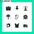 Set of 9 Vector Solid Glyphs on Grid for mind, idea, tower, mars, ufo Royalty Free Stock Photo
