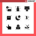 Set of 9 Vector Solid Glyphs on Grid for moon, clock, spa, shopping, ecommerce