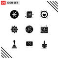 Set of 9 Vector Solid Glyphs on Grid for network, global, stat, design, core