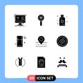 Set of 9 Vector Solid Glyphs on Grid for refrigerator, internet, rattle, sunblock, summer