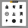 Set of 9 Vector Solid Glyphs on Grid for repairman, handyman, construction, chat, mail