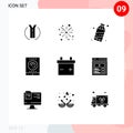 Group of 9 Solid Glyphs Signs and Symbols for video, battery, pollution, tablet, radio