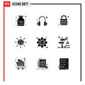Set of 9 Vector Solid Glyphs on Grid for web, earth, internet, world, connect