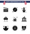 Set of 9 Vector Solid Glyphs on 4th July USA Independence Day such as drum; holiday; cactus; festivity; barbeque