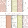 Set of vector spring patterns with flowers, doodle pattern, branches, leaves, dots, hearts.