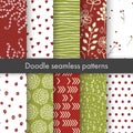 Set of vector spring patterns with flowers, doodle pattern, branches, leaves, dots, hearts.