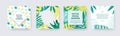 Set of vector square social media banners with green, yellow palm leaves, exotic, tropical plants, isolated on white background Royalty Free Stock Photo