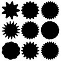 Set of vector starburst, sunburst badges. Black icons on white background. Simple flat style vintage labels, stickers. Royalty Free Stock Photo