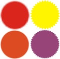 Set of vector starburst, sunburst badges. 4 different color. Simple flat style Vintage labels.