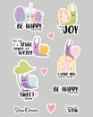 Set of vector stickers with cute snails and funny phrases about love and molluscs. Snails in love, happy mollusk on Royalty Free Stock Photo