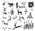 Set of vector stone age rock drawings ancient art illustration isolated on white background.