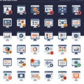 A set of 30 vector-style computer monitor icons, each displaying different interface