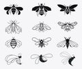 Set of vector stylized bees. Collection of logos with a honey bee. Black and white icons with insects. Tattoo. Royalty Free Stock Photo