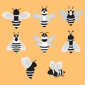 Set of vector stylized bees. Collection of logos with a honey bee. Black and white icons with insects. Tattoo. Royalty Free Stock Photo