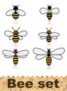 Set of vector stylized bees. Collection of logos with a honey bee. Icons with insects. Royalty Free Stock Photo