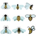 Set of vector stylized bees. Collection of logos with a honey bee. Icons with insects. Royalty Free Stock Photo