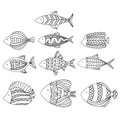 Set of vector stylized fishes. Collection of aquarium fish. Linear Art. Illustration for children. Royalty Free Stock Photo