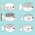 Set of vector stylized fishes. Collection of aquarium fish. Linear Art. Illustration for children. Royalty Free Stock Photo