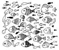 A set of vector stylized fish with rounded heads with black lines of patterns on a white background, swimming in different Royalty Free Stock Photo