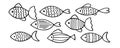 Set of vector stylized fishes. Collection of aquarium fish. Linear Art. Illustration for children. Sketch of fish vector Royalty Free Stock Photo