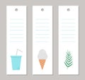 Set of vector summer bookmarks with palm tree leaf, ice cream, drink. Funny vacation or holidays vertical card templates with cute