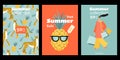 Set of vector summer sale invitation card or flyer templates with funny cartoon people, animals and plants characters Royalty Free Stock Photo