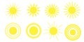 Set of vector sun icons. Yellow graphic, abstract illustration of heat, summer, hot weather. Stock Photo Royalty Free Stock Photo