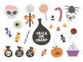 Set of vector sweets for trick or treat game. Traditional Halloween party food. Scary lollypops, caramel, candy sticks collection Royalty Free Stock Photo