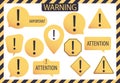 Set of vector symbol icons of attention, important and warning. Exclamation marks in the shapes of a triangle, circle, polygon. Royalty Free Stock Photo