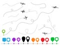 Set vector symbols aircrafts and pins. Plane line path. Royalty Free Stock Photo