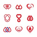 Set of vector symbols created on blood donation theme, blood transfusion and circulation metaphor. Medical care idea logotypes