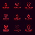 Set of vector symbols created on blood donation theme, blood transfusion and circulation metaphor. Medical care idea logotypes