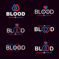 Set of vector symbols created on blood donation theme, blood transfusion and circulation metaphor. Medical care idea logotypes Royalty Free Stock Photo