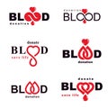 Set of vector symbols created on blood donation theme, blood transfusion and circulation metaphor. Medical care idea logotypes Royalty Free Stock Photo
