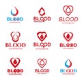 Set of vector symbols created on blood donation theme, blood transfusion and circulation metaphor. Medical care idea logotypes