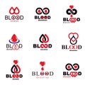 Set of vector symbols created on blood donation theme, blood transfusion and circulation metaphor. Medical care idea logotypes