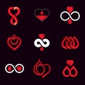 Set of vector symbols created on blood donation theme, blood transfusion and circulation metaphor. Medical care idea logotypes for