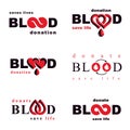 Set of vector symbols created on blood donation theme, blood transfusion and circulation metaphor. Medical care idea logotypes for