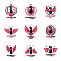 Set of vector symbols created with clenched fist of athletic man, eagle wings, pentagonal stars and different graphic elements. Royalty Free Stock Photo
