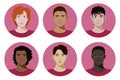Set of vector teenagers or students diverse badges in realistic flat style on light viva magenta background