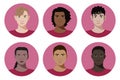 Set of vector teenagers or students diverse badges in realistic flat style on light viva magenta background