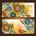 Set of vector template banners with watercolor paint abstract background and doodle hand drawn flowers. Royalty Free Stock Photo