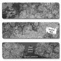Set of vector template banners with watercolor paint abstract background and doodle hand drawn flowers. Royalty Free Stock Photo